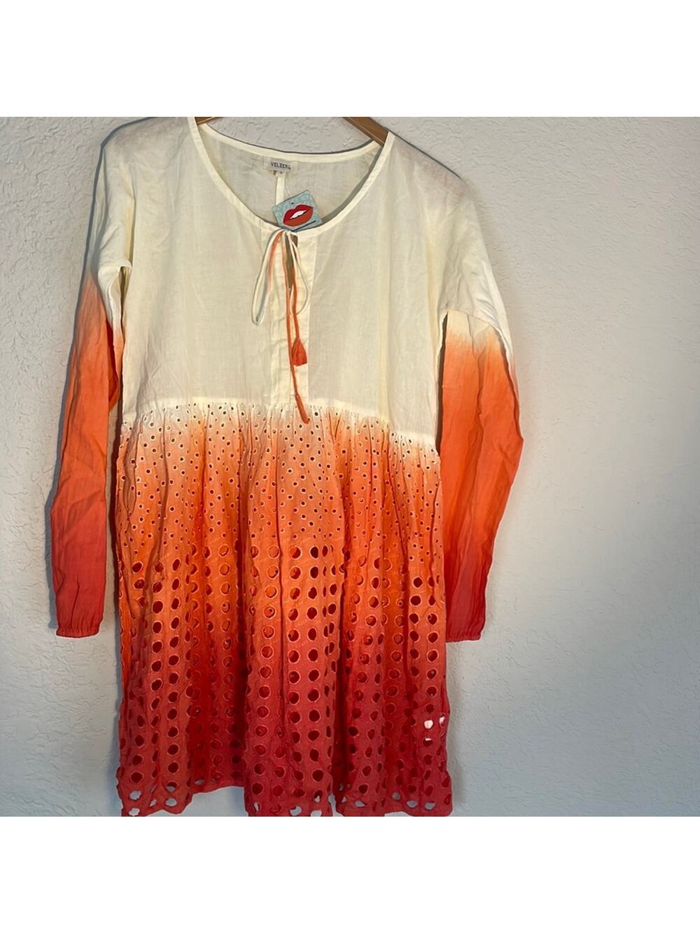 NEW Velzera Orange Ombré Eyelet Mini Dress Beach Coverup Long Sleeve Mini